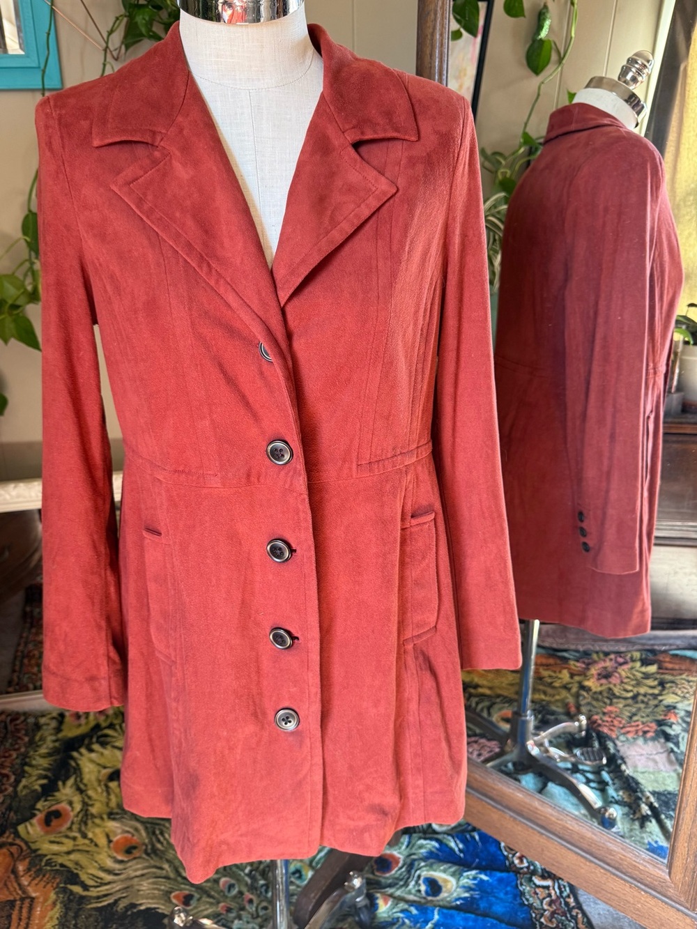 Cabi Penny Lane Paprika Rust Button-Front Faux Suede Trench Cut Coat Large